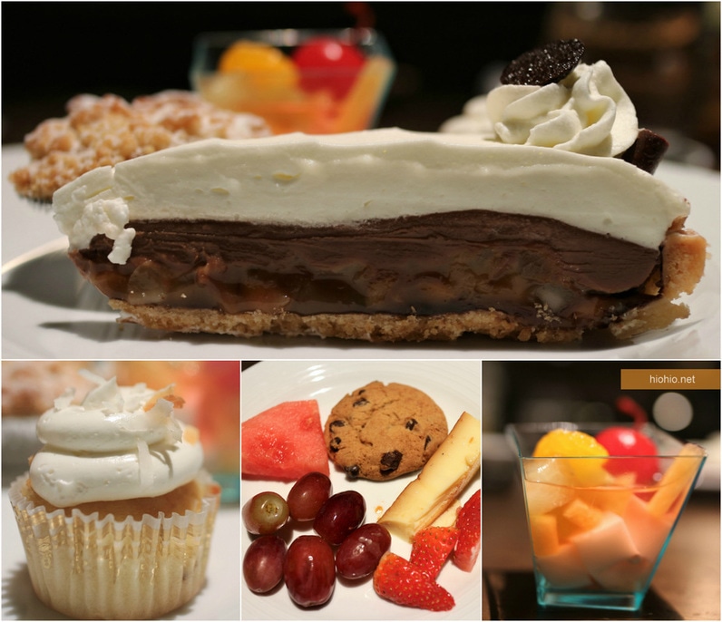 100 Sails Prince Hotel Waikiki Oahu (dessert buffet), Chocolate Mac nut cake, fruits, caramel custard, almond float.