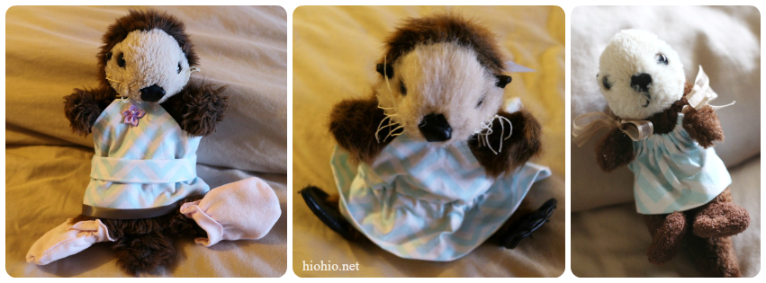 Stuffed Sea otters with matching doll clothes. 
