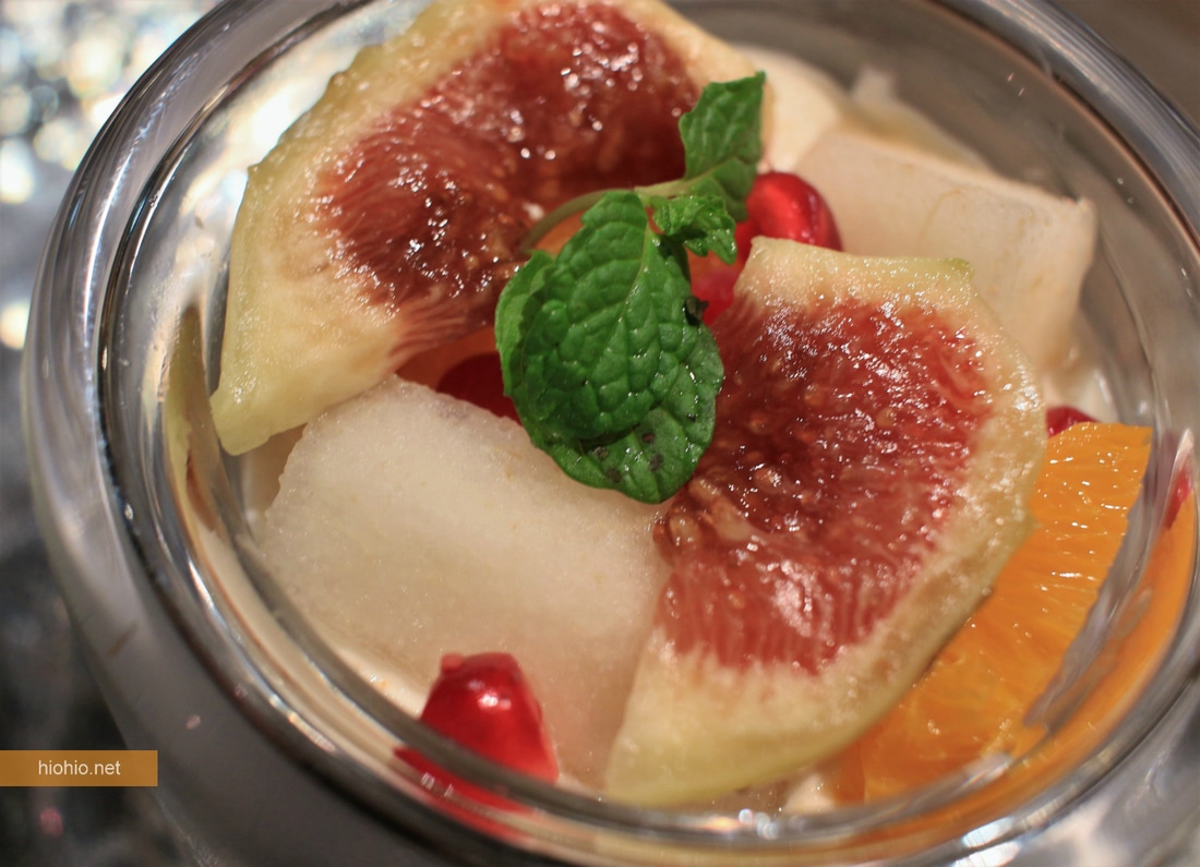 Dessert (Fig Mousse) with colorful fruits. 