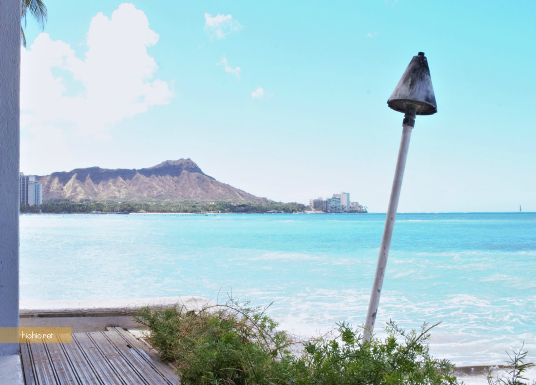 View of Diamond Head from Shorebird Restaurant & Bar at Outrigger Waikiki Reef Hotel. 